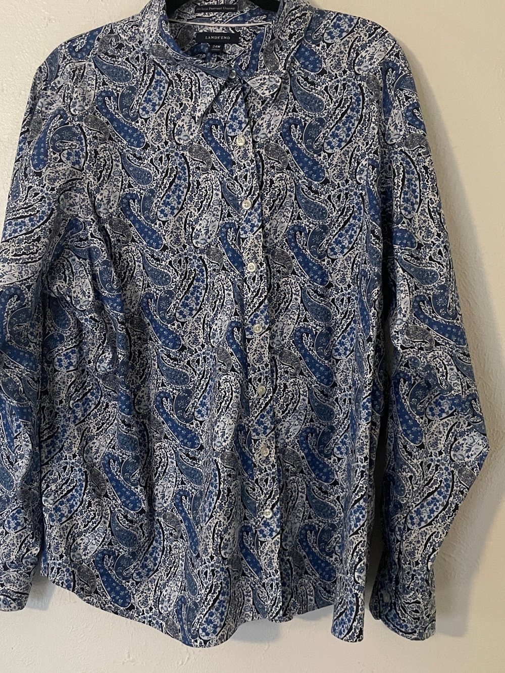 Lands’ End No Iron Pinpoint Oxford Paisley Floral Shirt Blue 24W Cotton